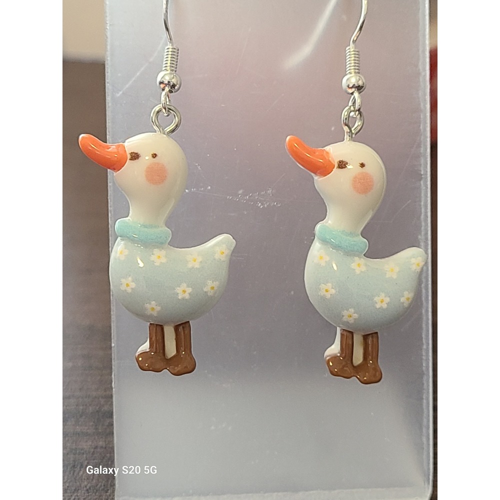 Blue‎ Floral Duck Drop Earrings Whimsical Animal Dangle Silver Tone Fishhook